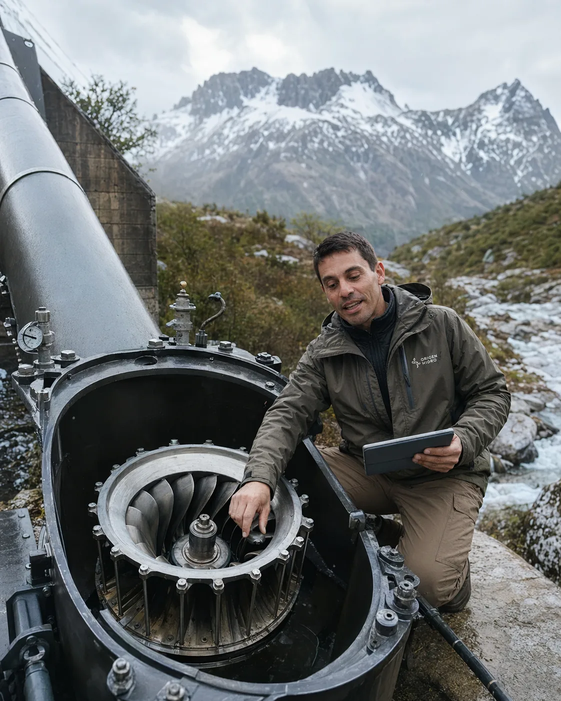 Sistema microhidro en terreno patagónico con montaña y equipo técnico