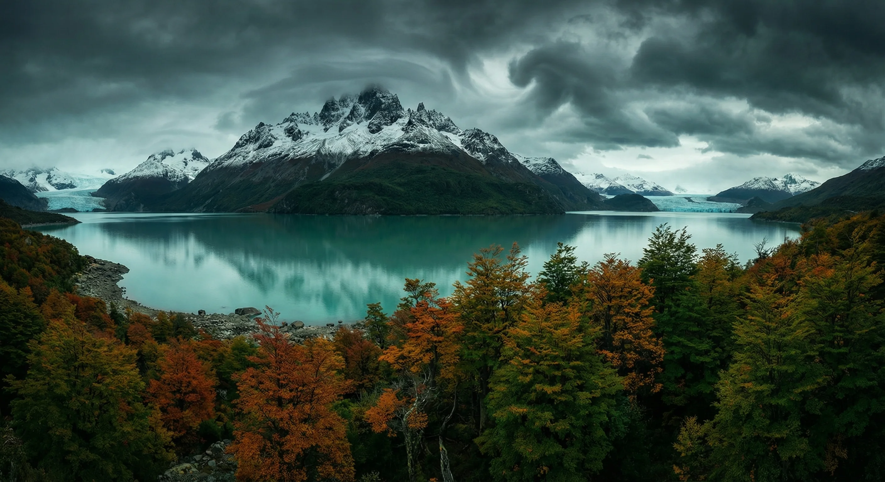 Paisaje patagónico con montañas, agua y cielo nublado