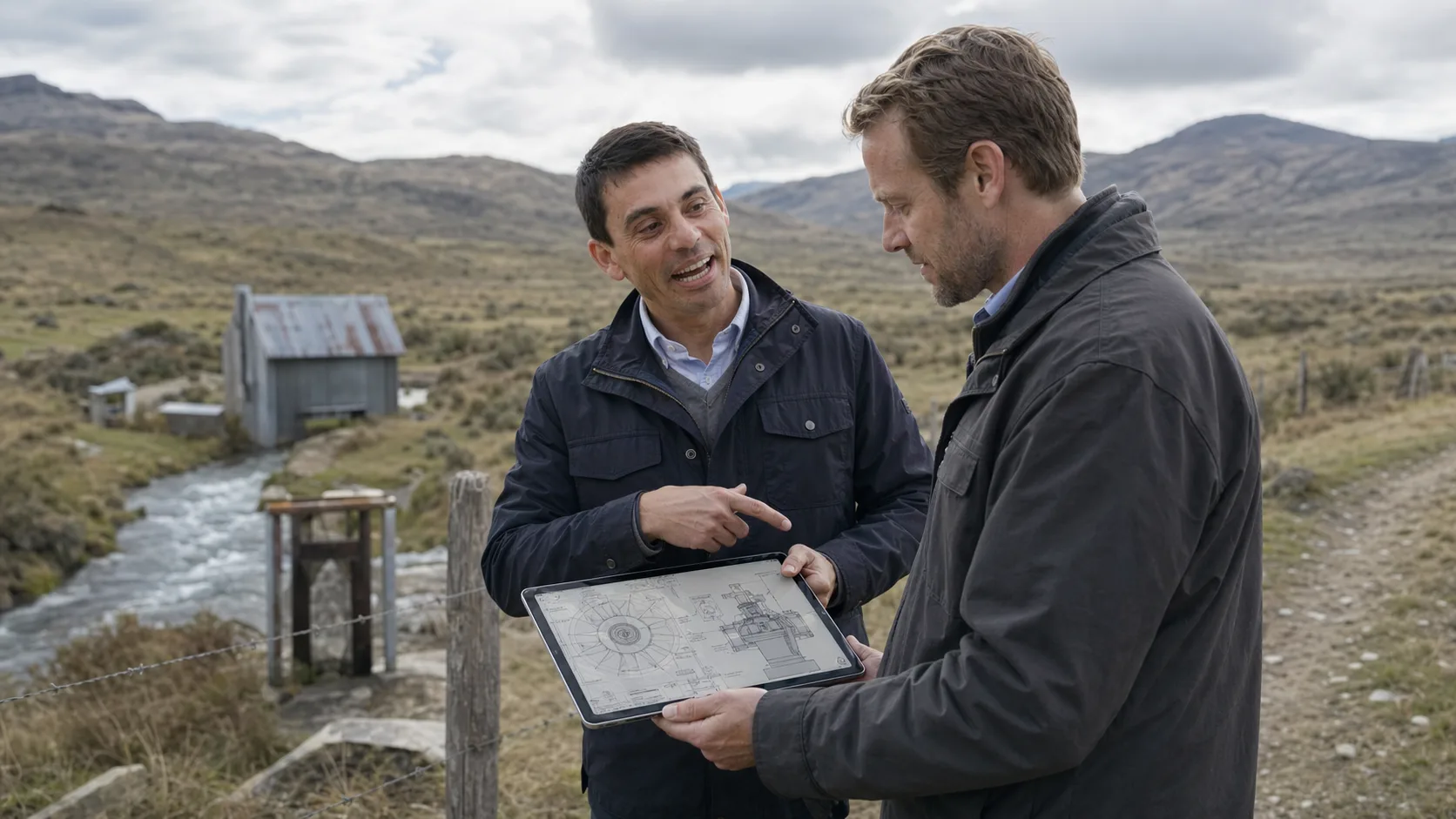 Ingeniero conversando con propietario en terreno patagónico